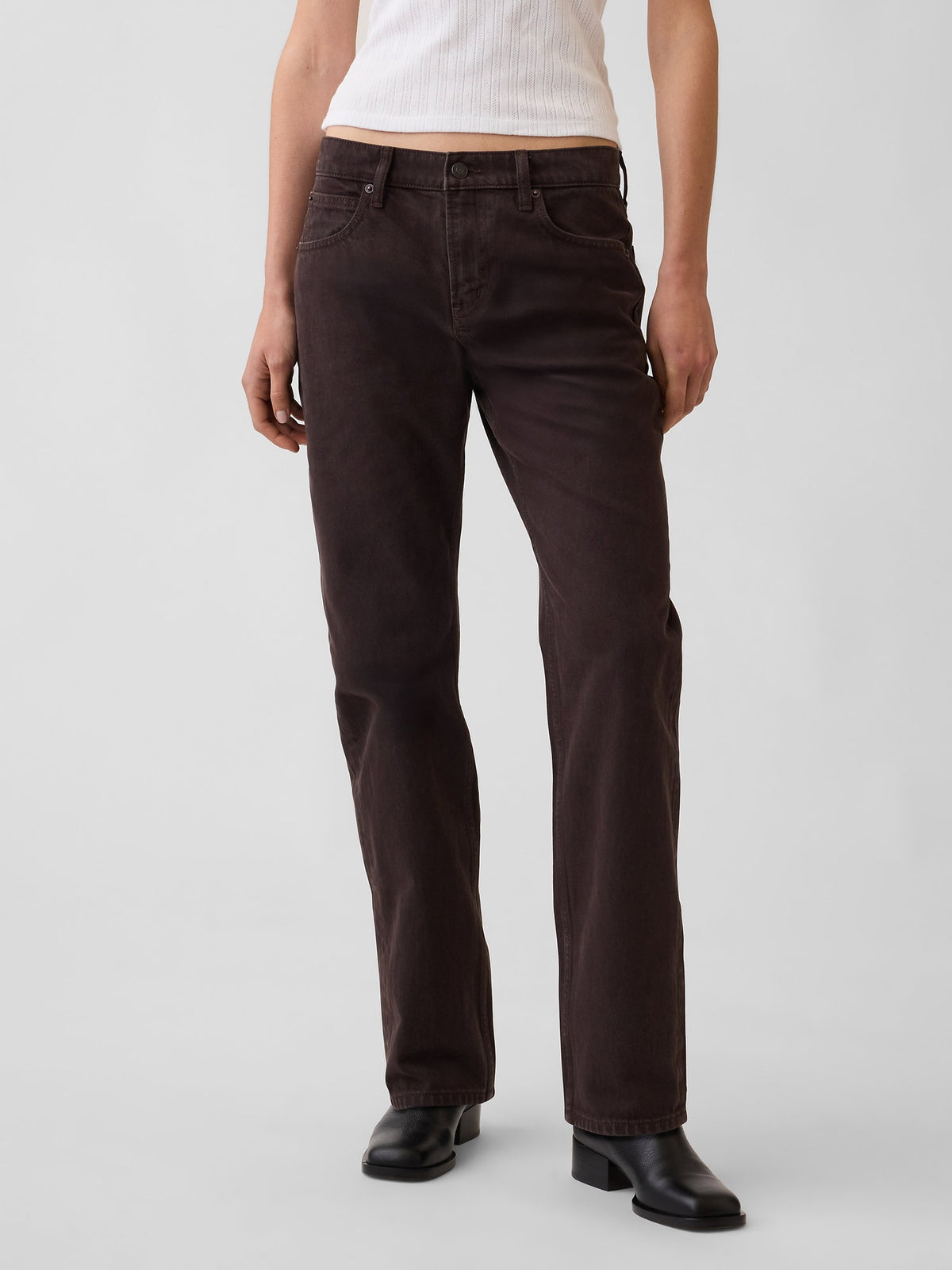 Kahverengi Mid Rise Straight Taper Jean Pantolon