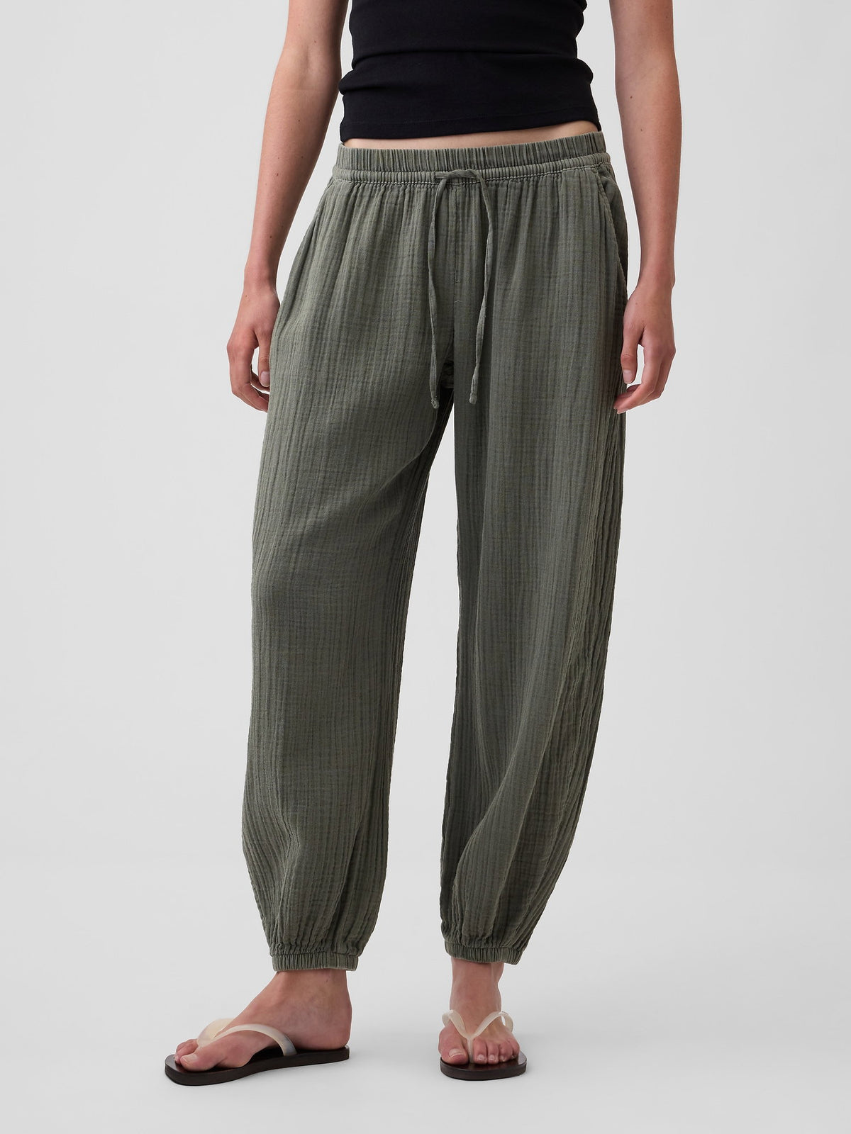 Haki Pamuk Gauze Barrel Jogger Pantolon