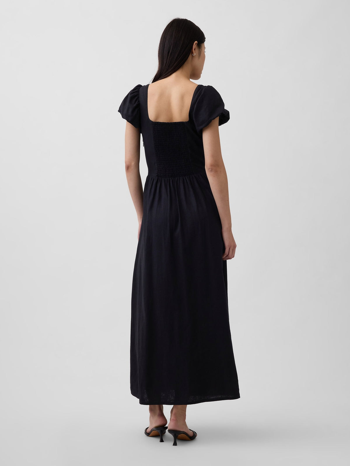 Siyah Keten Karışımı Drop-waist Maxi Elbise
