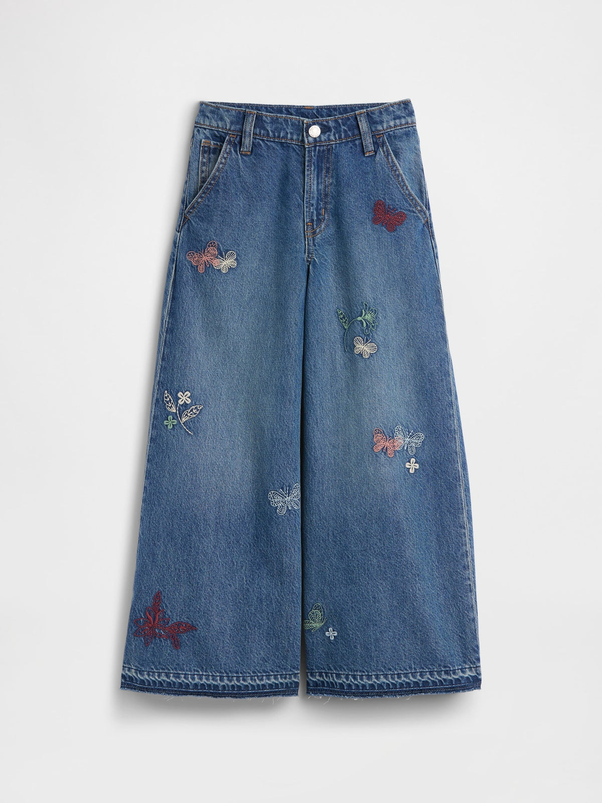 Mavi Low Rise Işlemeli Baggy Jean Pantolon