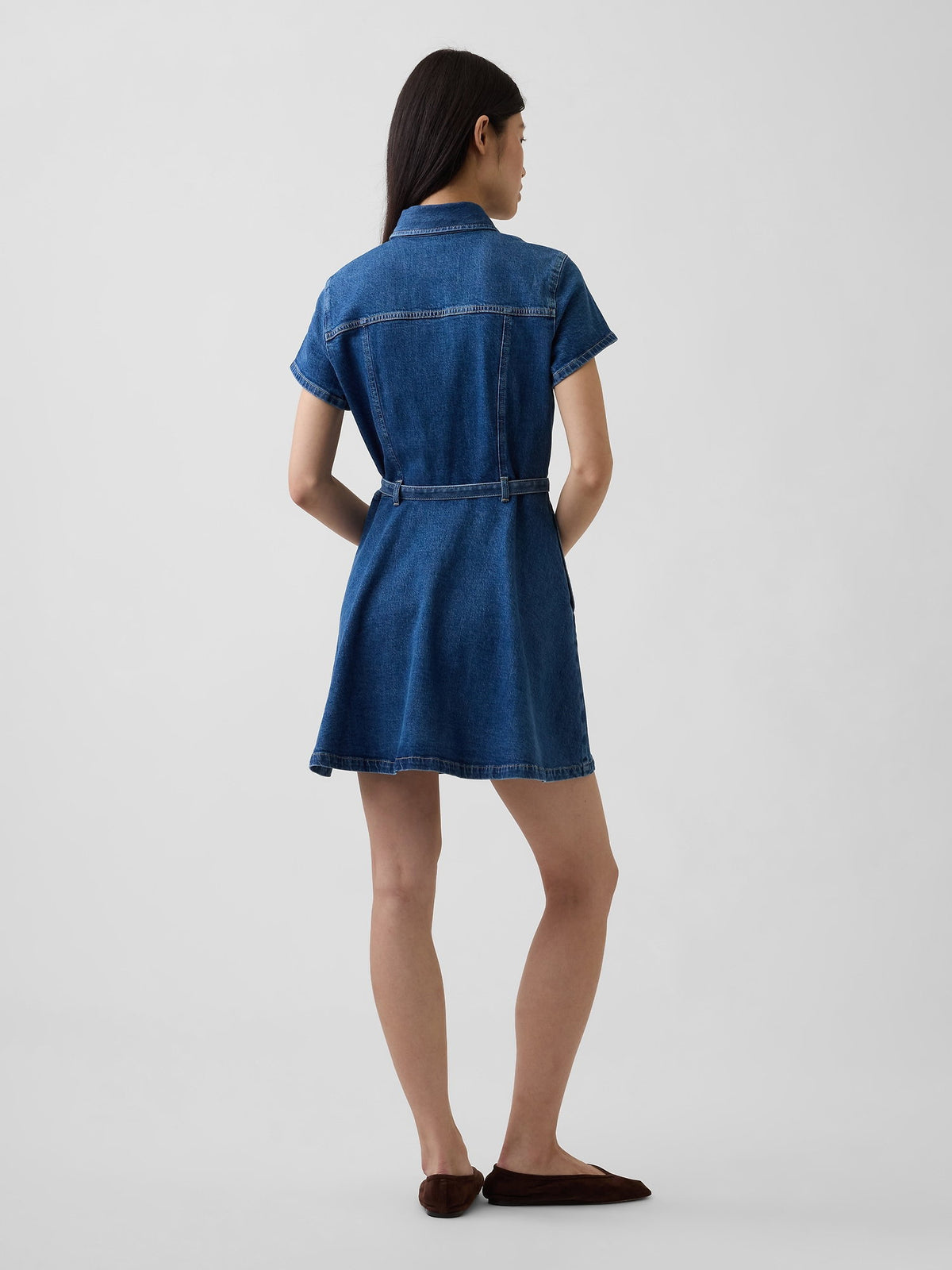 Mavi Denim Kemerli Mini Gömlek Elbise