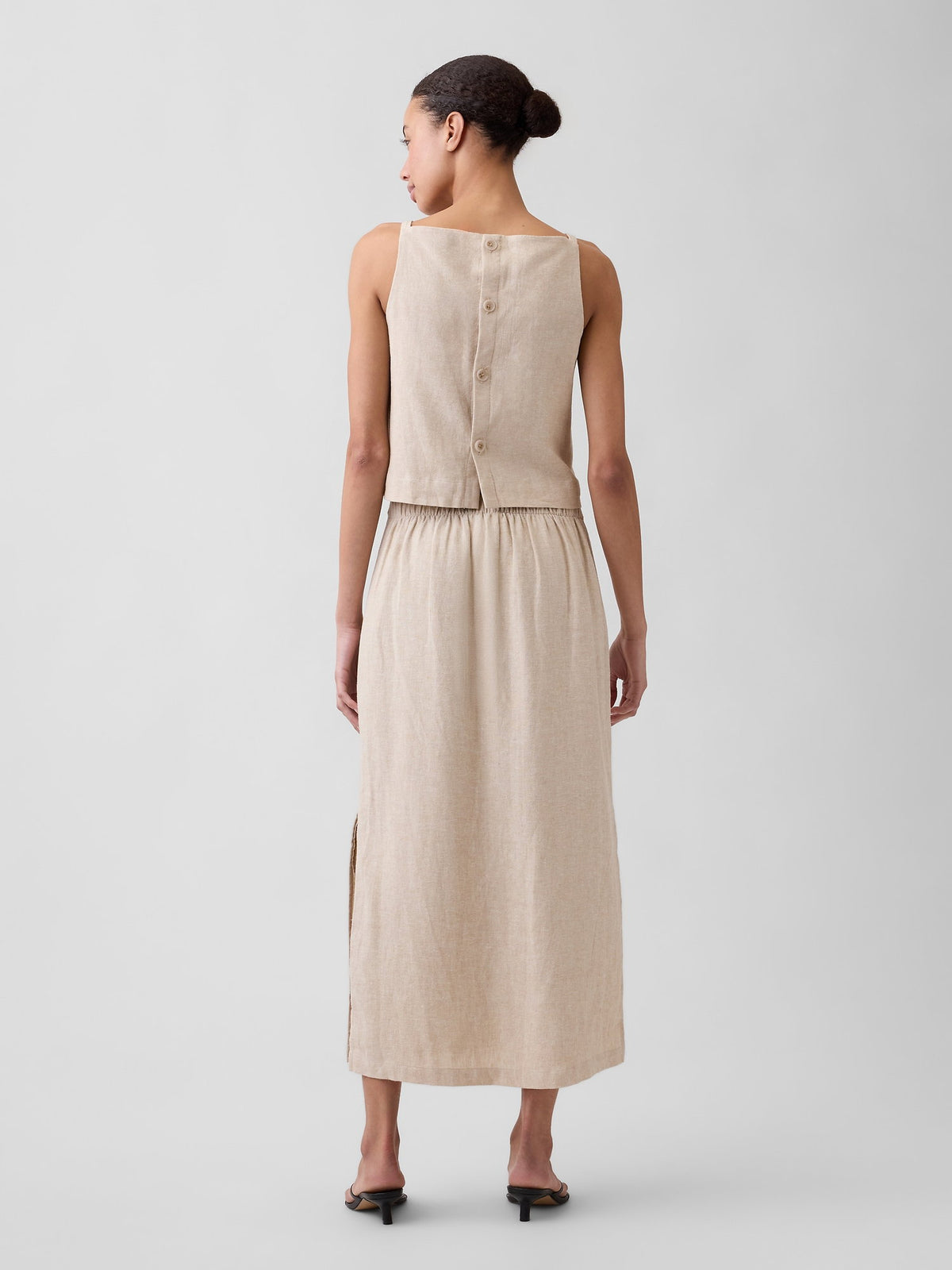 Bej Keten Karışımı Maxi Slip Etek