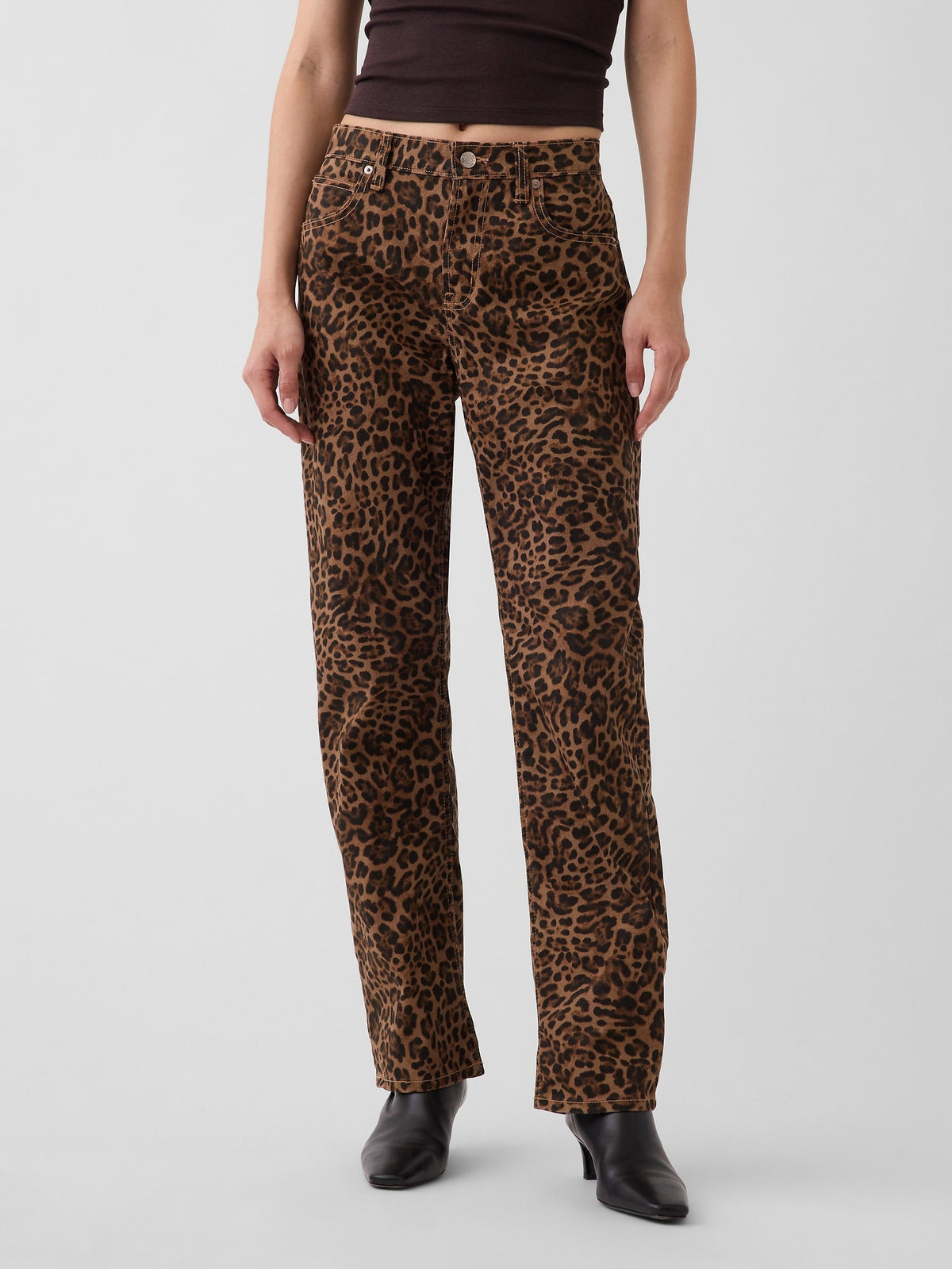 Kahverengi Mid Rise Straight Taper Leopar Jean Pantolon