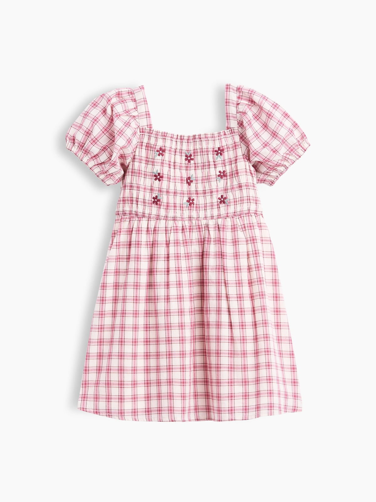 Pembe Smocked Yaka Kareli Elbise