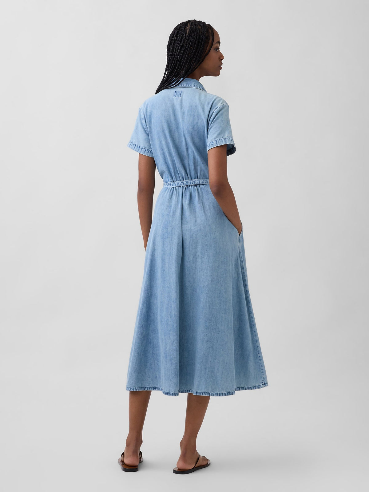 Açık Mavi Denim Tie-waist Midi Gömlek Elbise