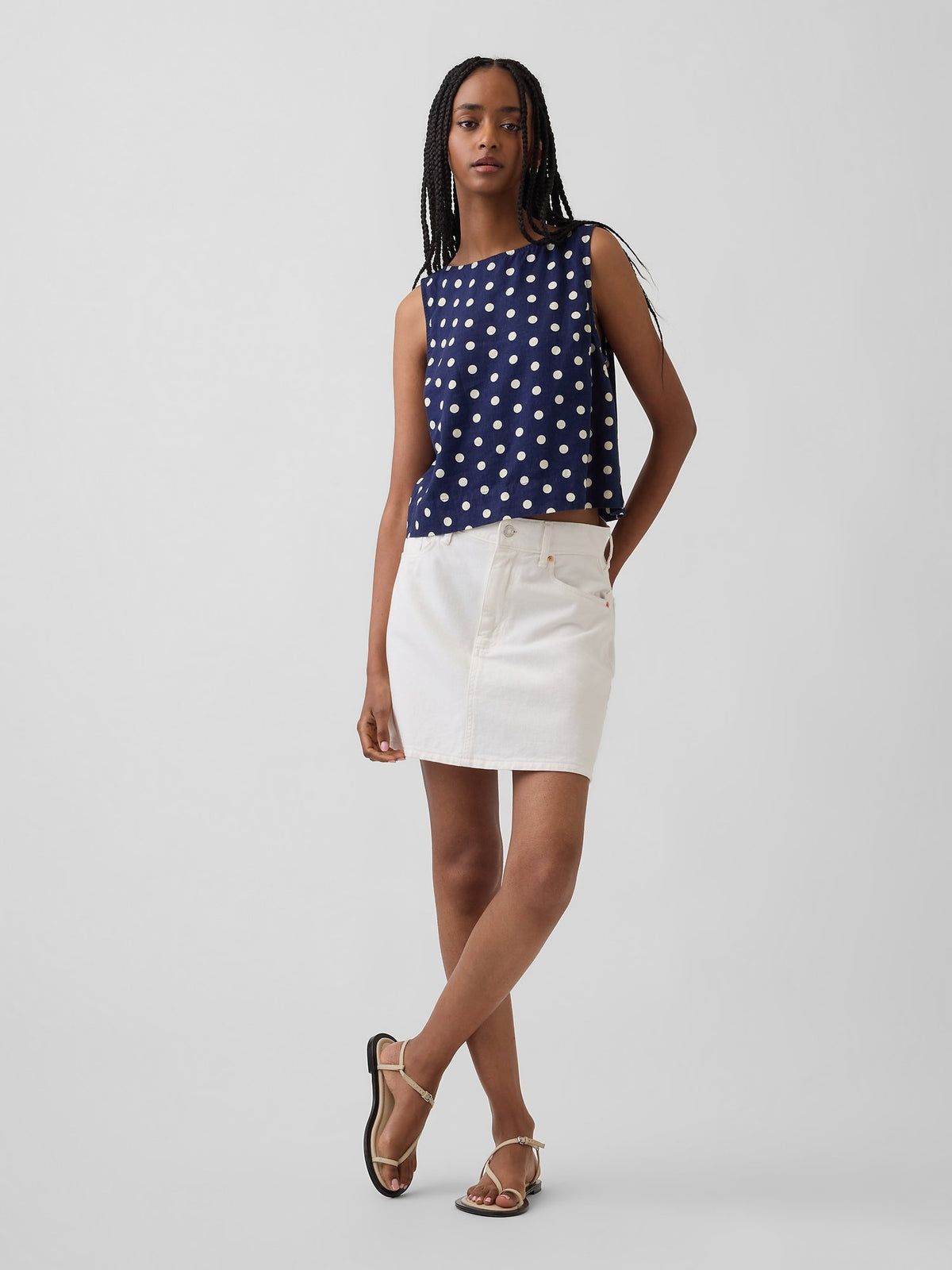 Lacivert Keten Karışımlı Crop Shell Kolsuz Bluz
