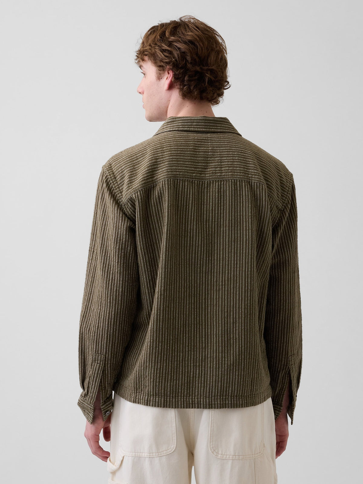 Haki Dobby Çizgili Relaxed Straight-hem Gömlek