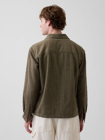Haki Dobby Çizgili Relaxed Straight-hem Gömlek