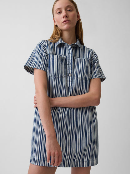 Mavi Denim Çizgili Popover Mini Elbise