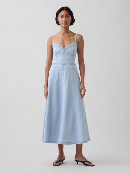 Açık Mavi Denim Seamed Korse Maxi Elbise