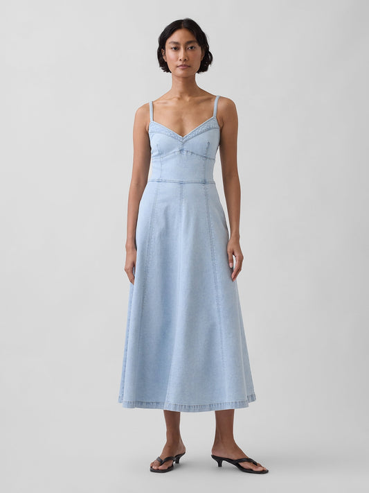 Açık Mavi Denim Seamed Korse Maxi Elbise