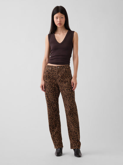 Kahverengi Mid Rise Straight Taper Leopar Jean Pantolon
