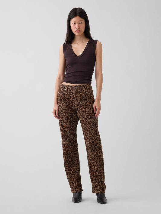 Kahverengi Mid Rise Straight Taper Leopar Jean Pantolon