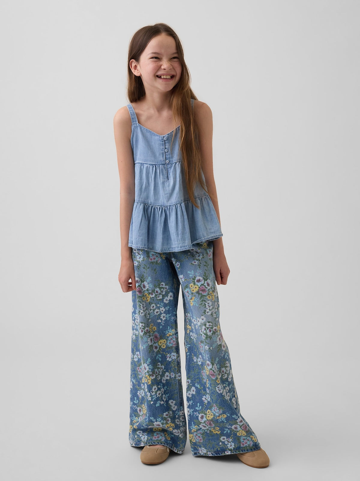 Açık Mavi Denim Tiered Kolsuz Bluz