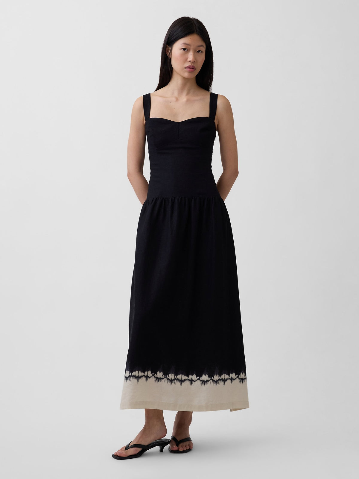 Siyah Keten Karışımı Drop-waist Korse Maxi Elbise