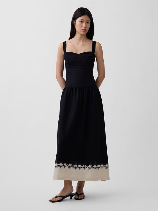 Siyah Keten Karışımı Drop-waist Korse Maxi Elbise