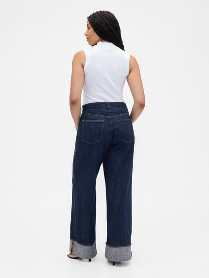Koyu Mavi High Rise Wide-leg Jean Pantolon