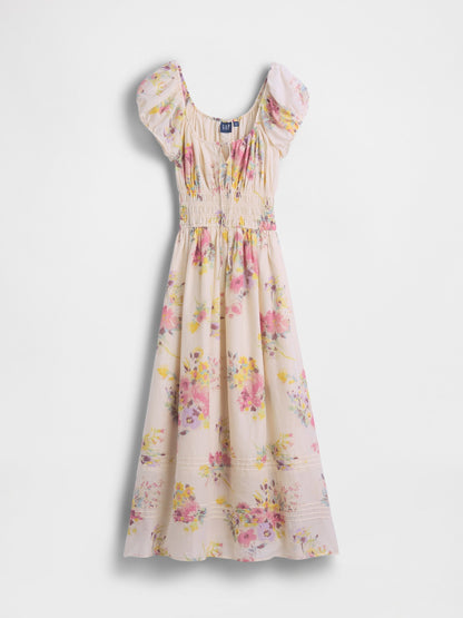 Çok Renkli Floral Voile Smocked Maxi Elbise