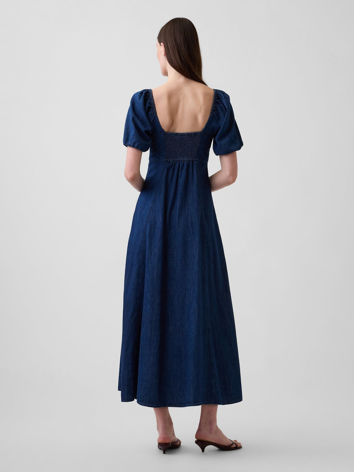 Koyu Mavi Denim Puff-sleeve Button-front Maxi Elbise