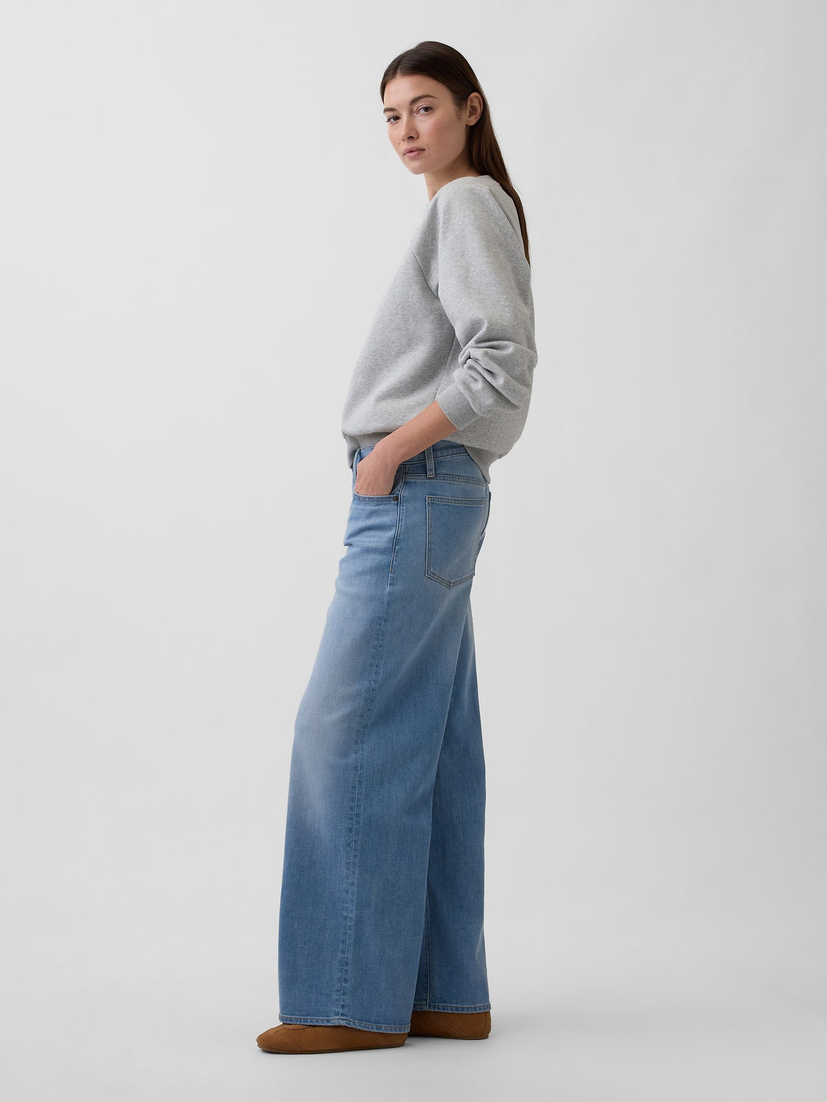 Açık Mavi Mid Rise Wide-leg Jean Pantolon