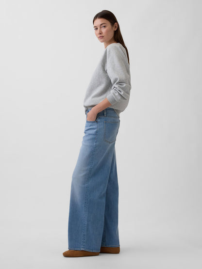 Açık Mavi Mid Rise Wide-leg Jean Pantolon