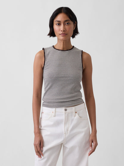 Beyaz Gingham Pointelle Shell Kolsuz Bluz