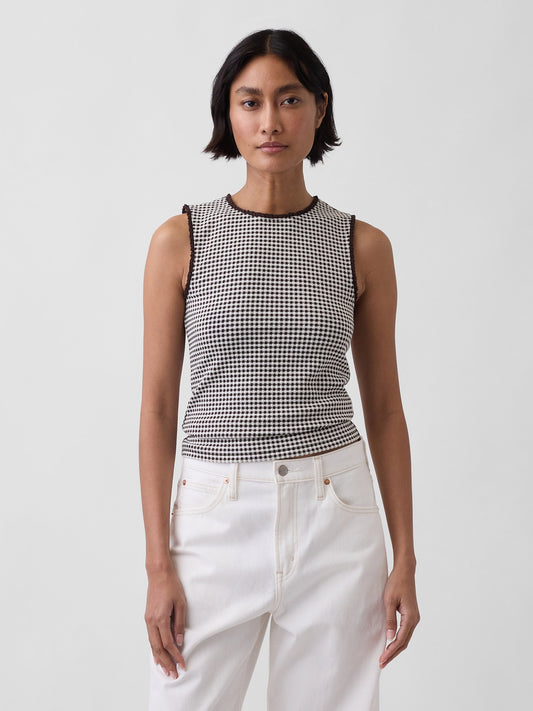 Beyaz Gingham Pointelle Shell Kolsuz Bluz