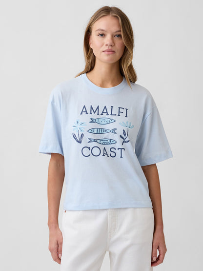 Açık Mavi Boxy Grafik Baskılı T-shirt