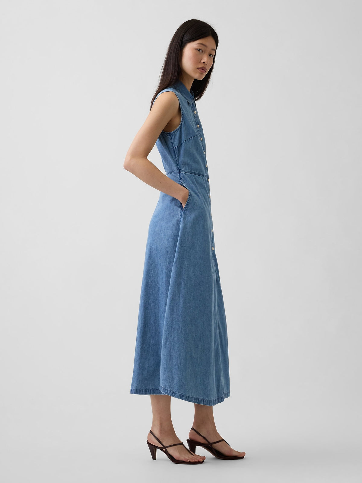 Mavi Ultrasoft Denim Maxi Gömlek Elbise