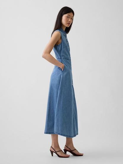 Mavi Ultrasoft Denim Maxi Gömlek Elbise