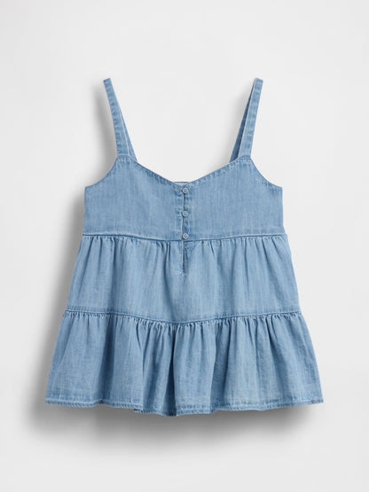 Açık Mavi Denim Tiered Kolsuz Bluz