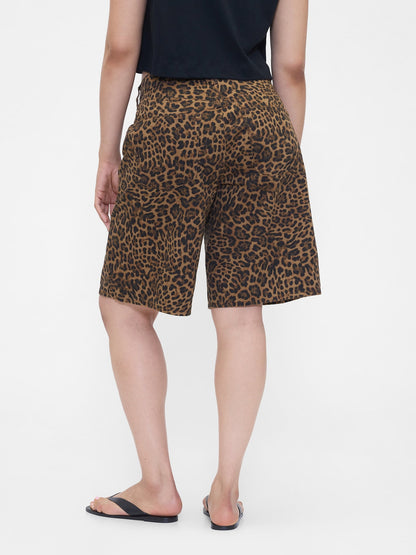 Kahverengi 11 Mid Rise Denim Leopar Longline Şort