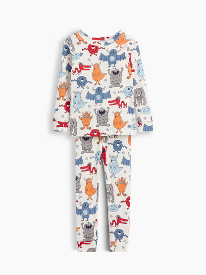 Krem Organik Brushed Pamuk Monsters Pijama Takımı