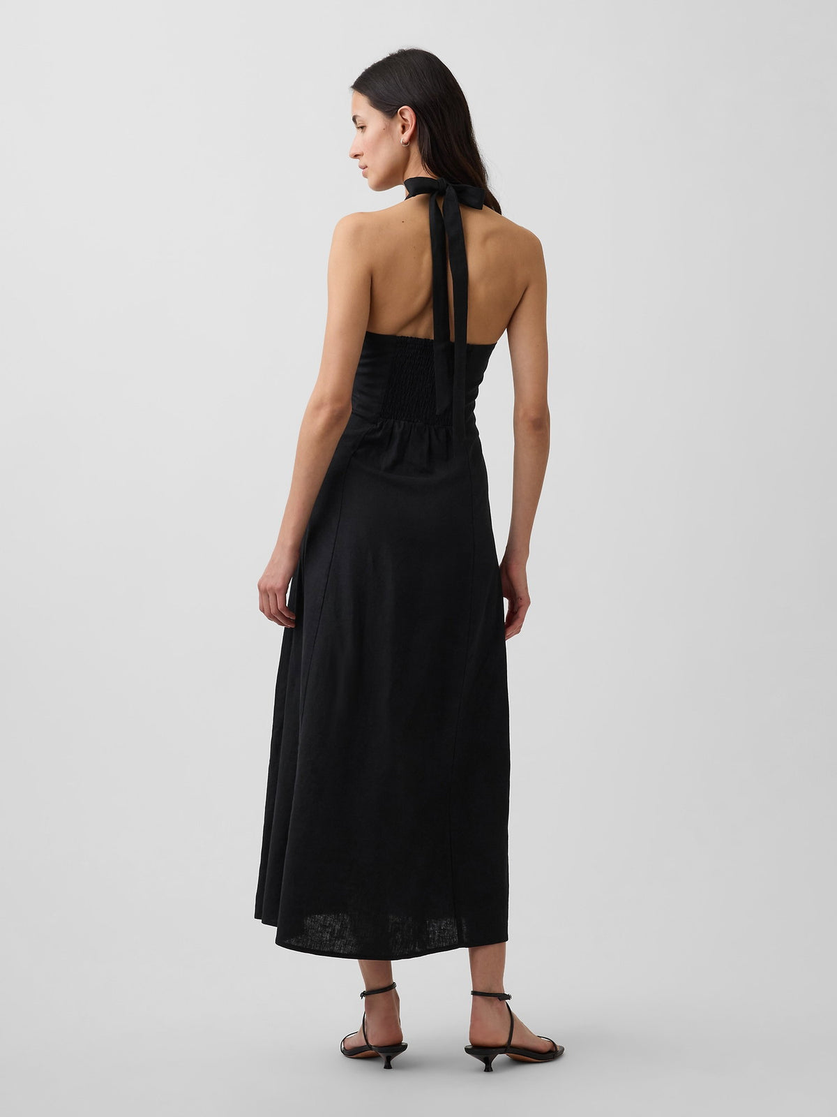 Siyah Keten Karışımlı Halter Maxi Elbise