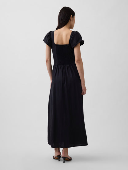 Siyah Keten Karışımı Drop-waist Maxi Elbise