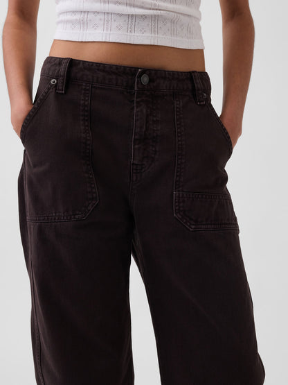 Kahverengi Mid Rise Barrel Utility Ankle Pantolon