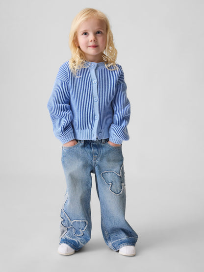 Açık Mavi Kelebek Baskılı Pull-on Baggy Jean Pantolon
