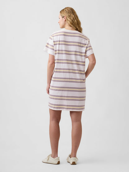 Beyaz Relaxed Stripe Mini T-shirt Elbise