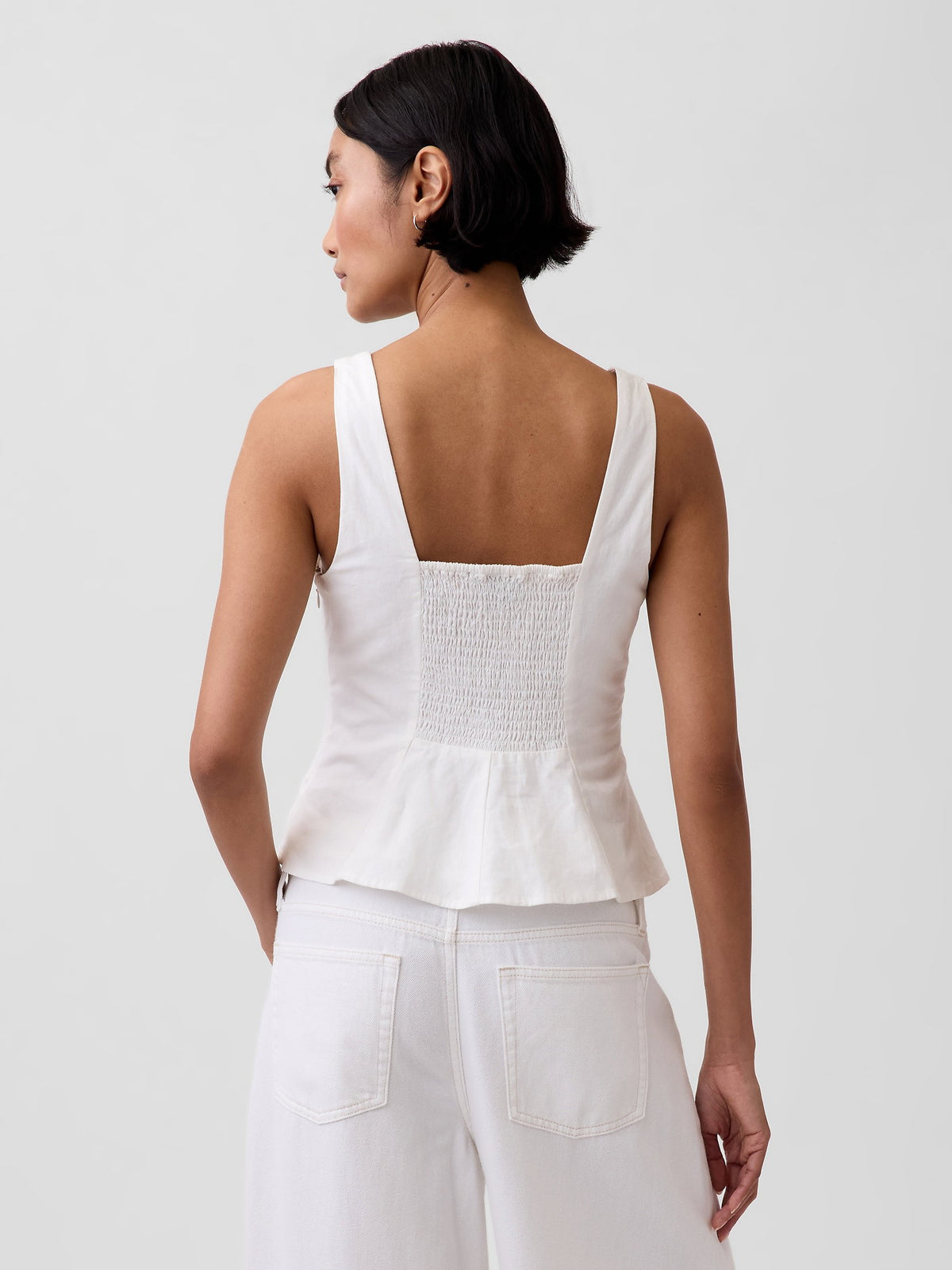 Beyaz Keten Karışımlı Peplum Bluz