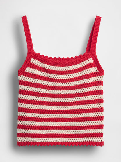 Kırmızı %100 Pamuk Crochet Crop Triko Bluz