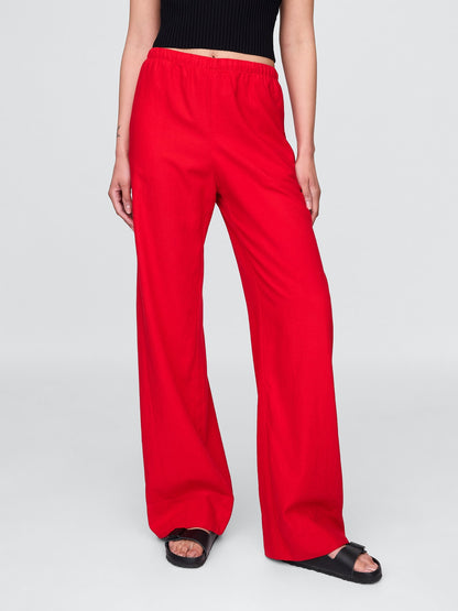 Kırmızı Keten Karışımı Easy Wide Leg Pantolon
