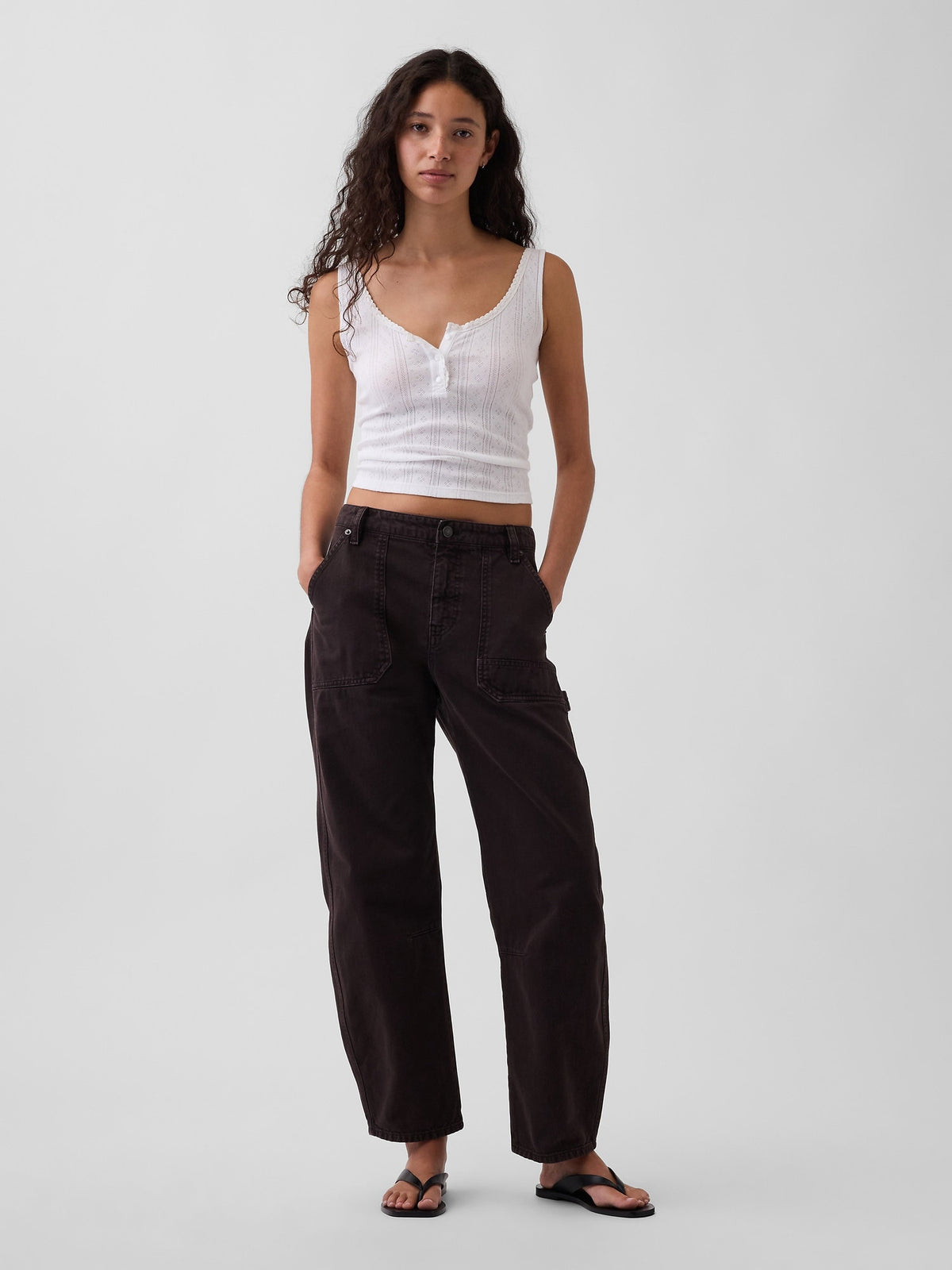 Kahverengi Mid Rise Barrel Utility Ankle Pantolon