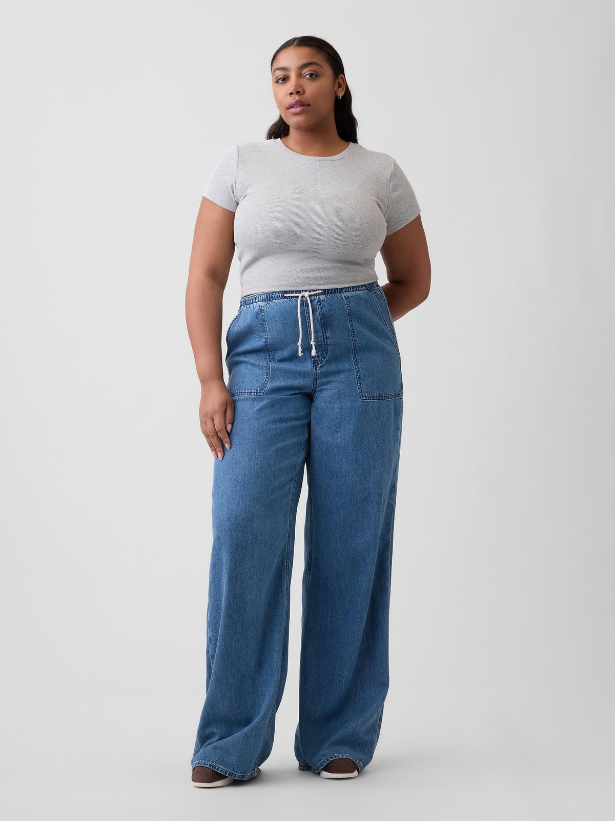 Mavi Mid Rise Pull-on Süper Hafif Wide-leg Jean Pantolon