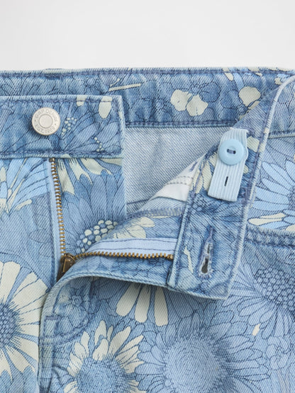 Açık Mavi Low Rise Stride Çiçekli Denim Şort