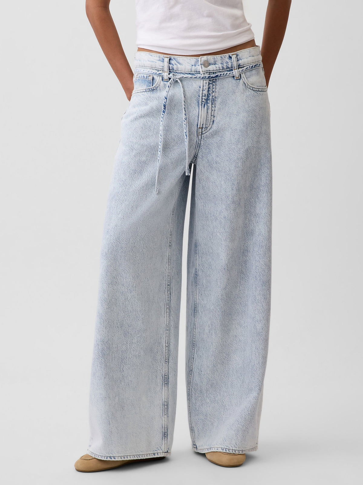 Açık Mavi Mid Rise Ultrasoft Baggy Mikro Kemer Jean Pantolon