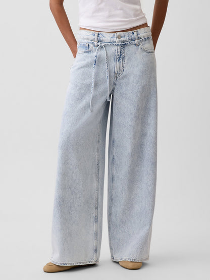 Açık Mavi Mid Rise Ultrasoft Baggy Mikro Kemer Jean Pantolon