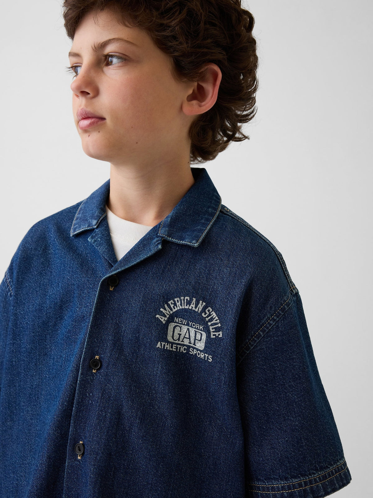 Koyu Mavi Kids Denim Relaxed New York Logo Gömlek