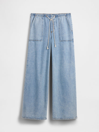 Açık Mavi Mid Rise Pull-on Superlight Wide-leg Jean Pantolon