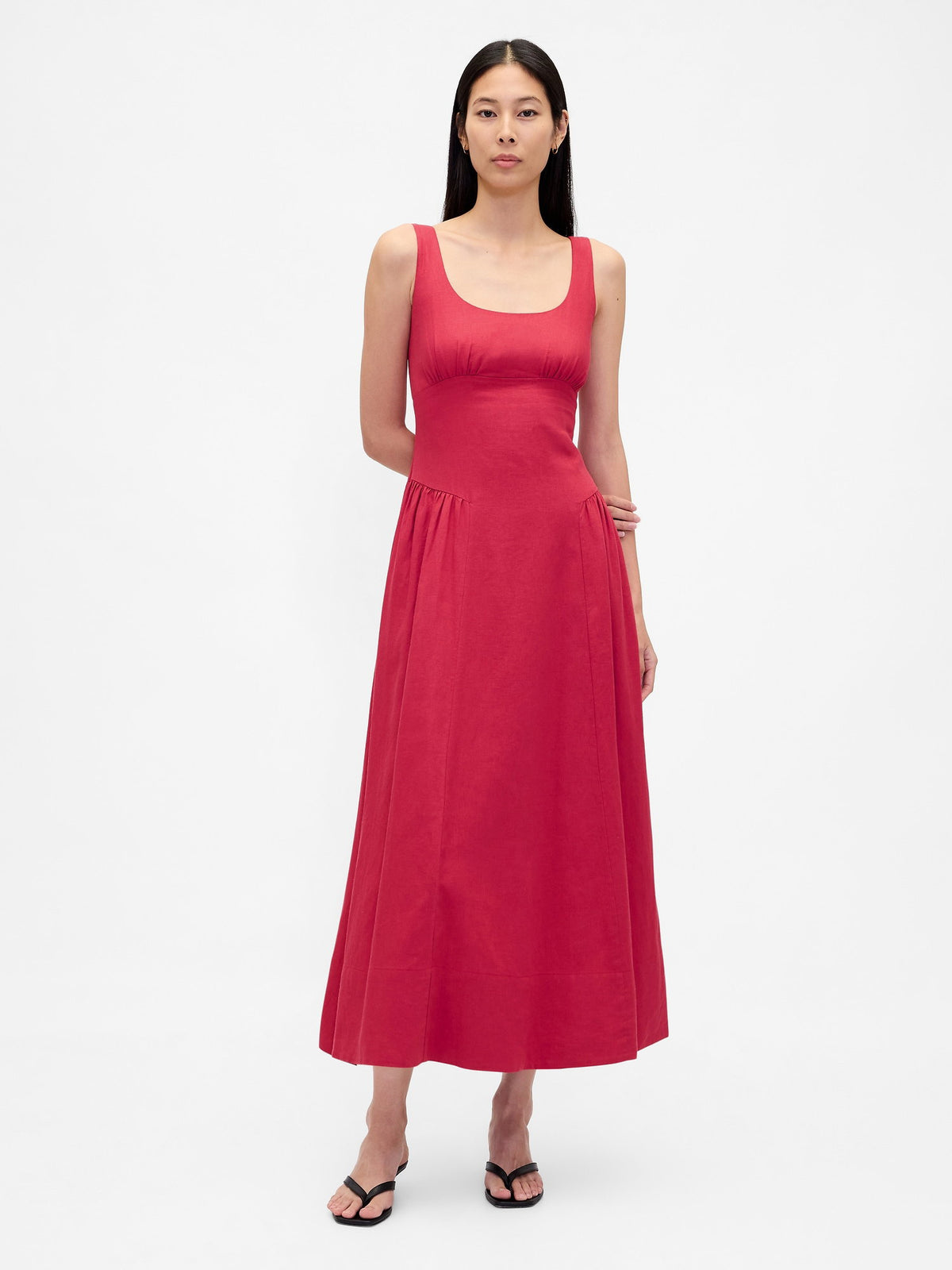 Kırmızı Keten Karışımı Shirred Maxi Elbise