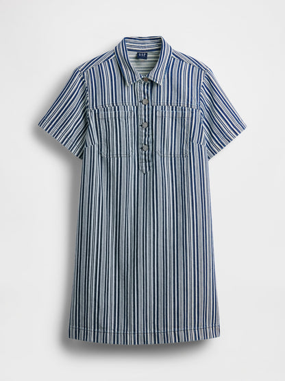 Mavi Denim Çizgili Popover Mini Elbise